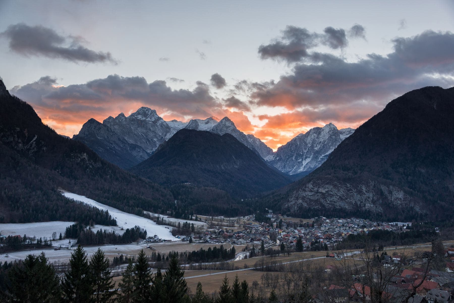 Sunset over Mojstrana and the Vrata Valley