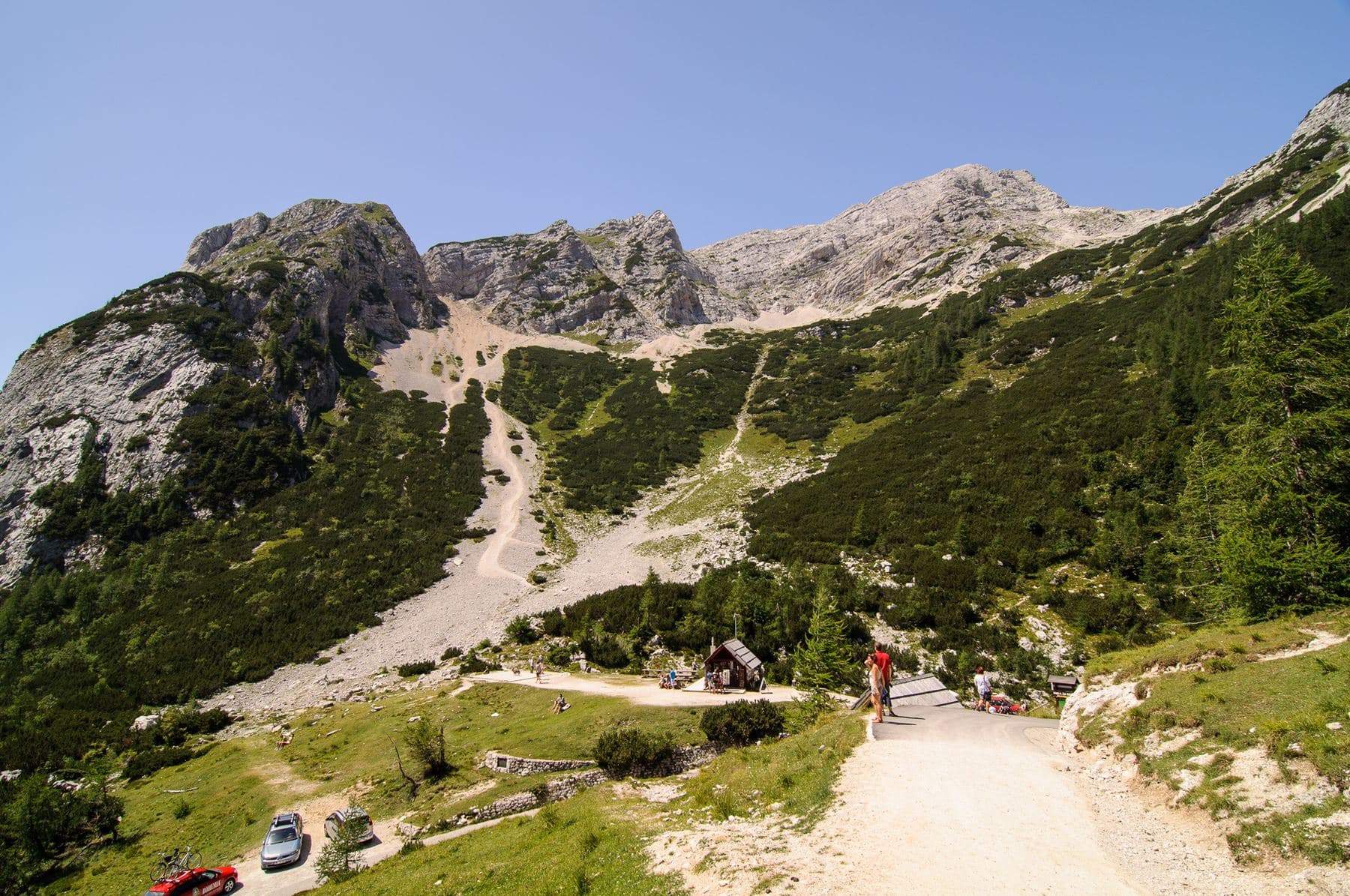 The Vrsic Pass road winding through the Julian Alps